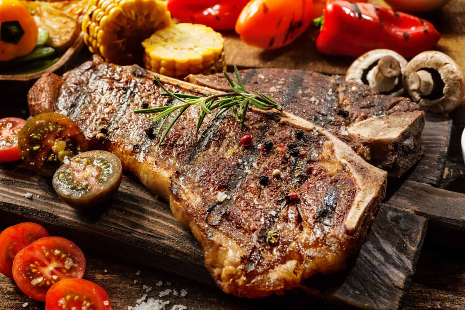 Close up of a succulent tender grilled porterhouse steak seasoned with pepper and rosemary on a wooden board with fresh halved tomatoes, mushrooms, corncobs and bell peppers