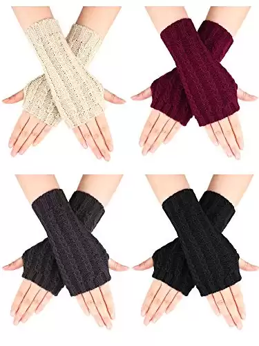 Blulu 4 Pairs Knitted Fingerless Gloves Winter Short Arm Gloves Thumb Hole Gloves for Women Girls Favors (Color Set 1)