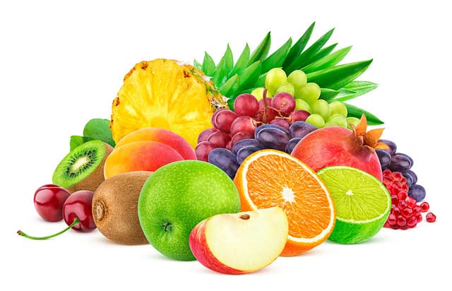 Heap of different fruits and berries isolated on white background