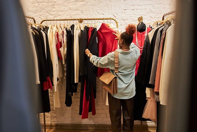 Back view at young woman browsing clothing racks in boutque or second hand shop, copy space