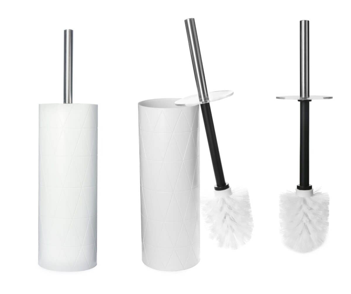 Set with toilet brushes with holder on white background