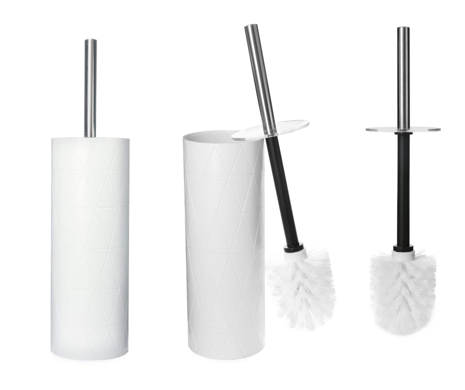 Set with toilet brushes with holder on white background. Bathroom cleaning hacks to make your life easier. 