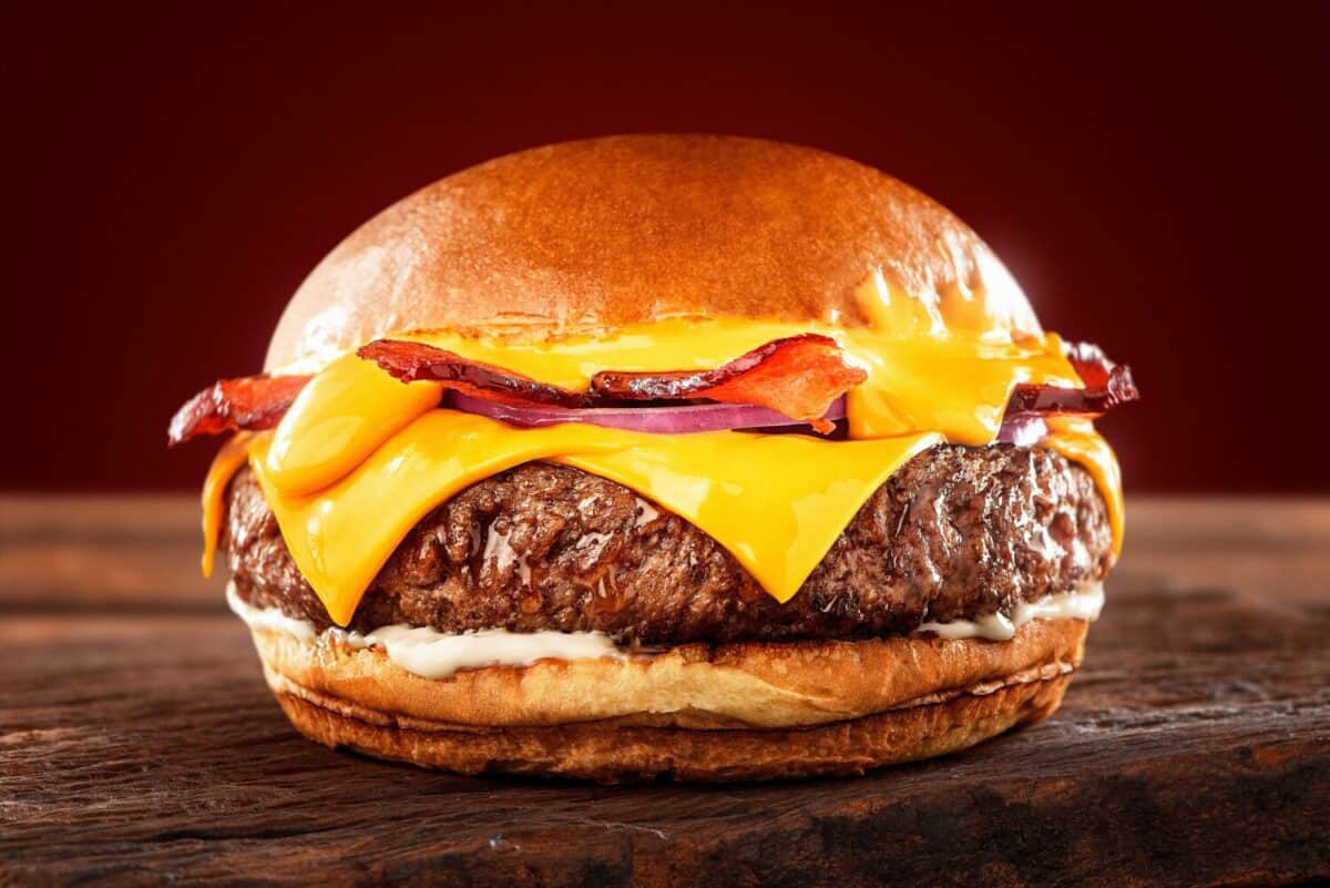 big burger with cheddar cream and sliced ​​cheddar with bacon and sliced ​​red onion