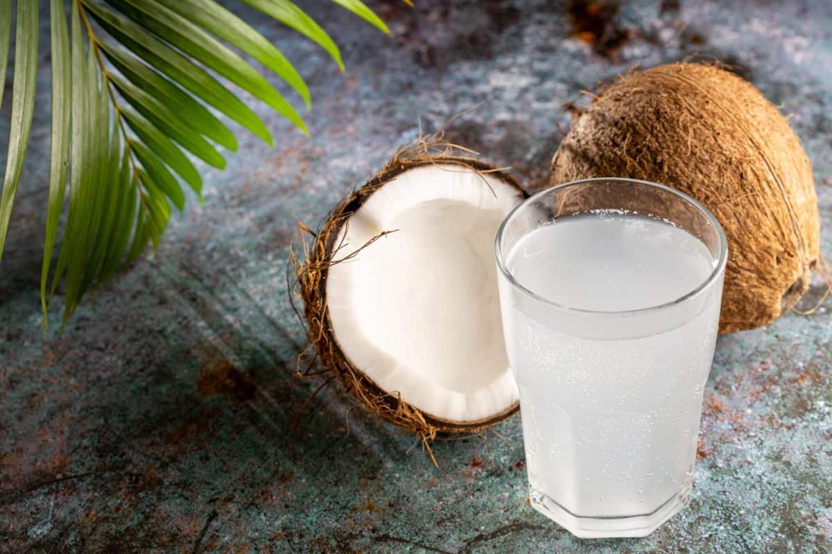Glass with fresh coconut water and coconuts on the table.