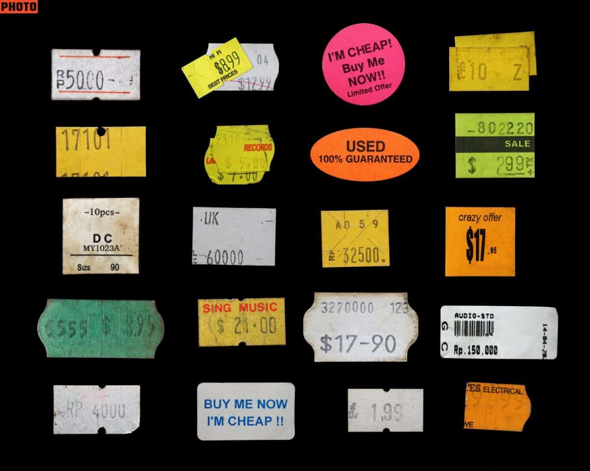 assorted old price sticker and labels. vintage price label collection. Things you should never put down the kitchen drain.