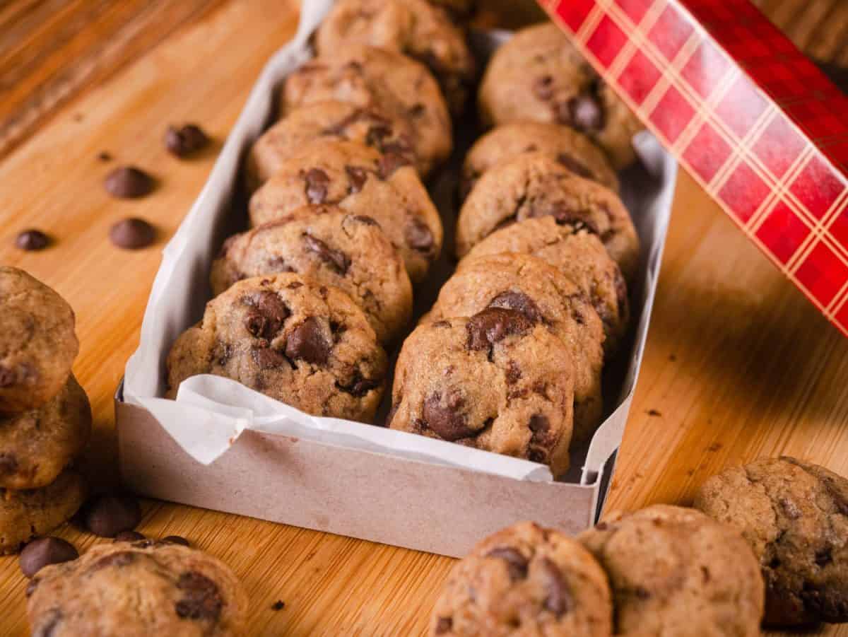 Mini chewy chocolate cookies in a red box