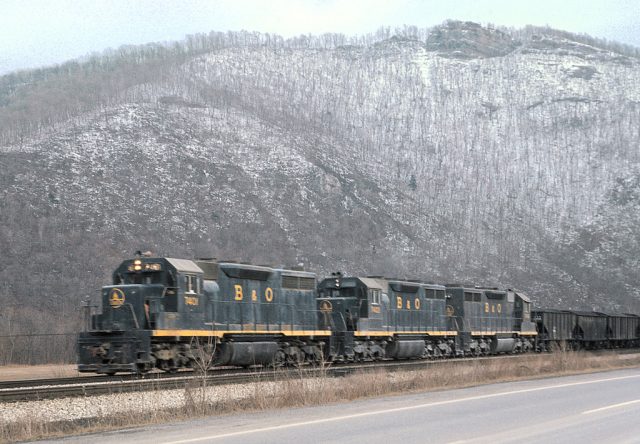 B&O 7401 freight near Keyser, West Virginia (Gafton Line) on March 2, 1969