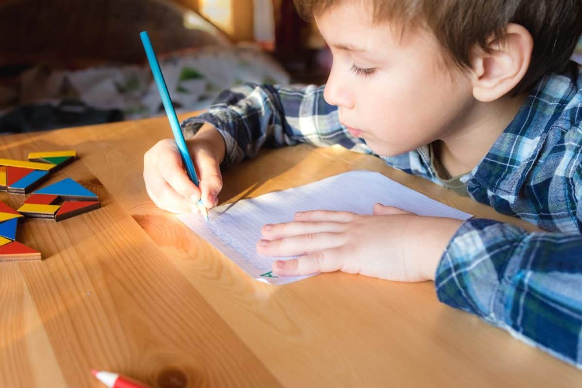 Little child sits by desk and doing lessons, boy writes letters in notebook. 10 Fun and creative ways to celebrate grandparents day.