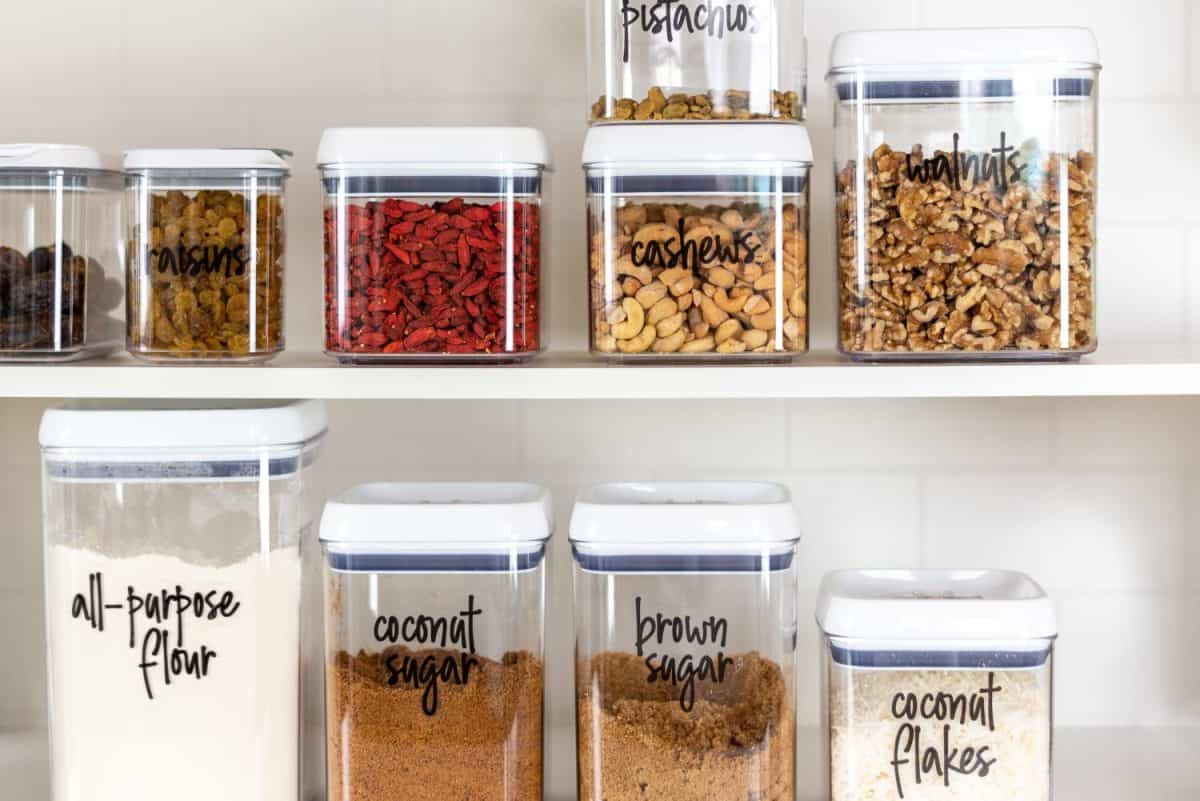 Baking ingredients in BPA-free plastic storage containers with labels