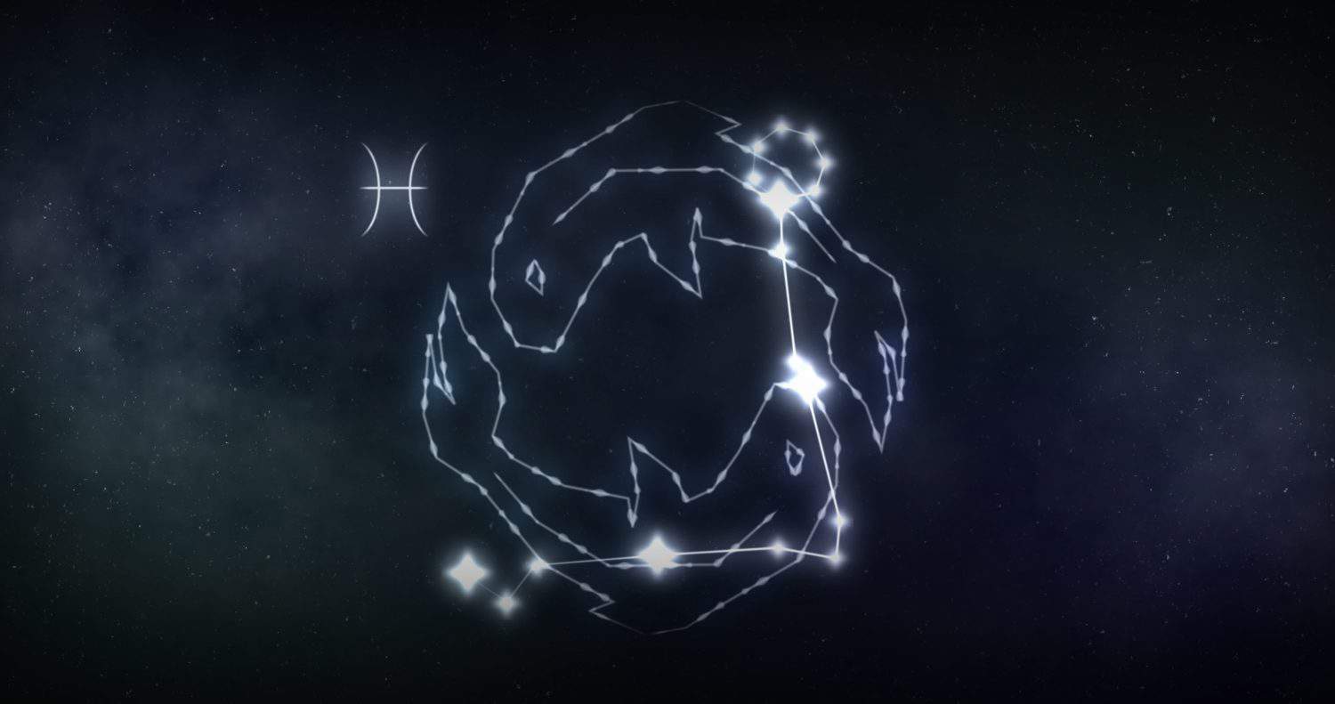 Image of pisces sign with stars on black background. Zodiac signs, stars and horoscop concept digitally generated image.