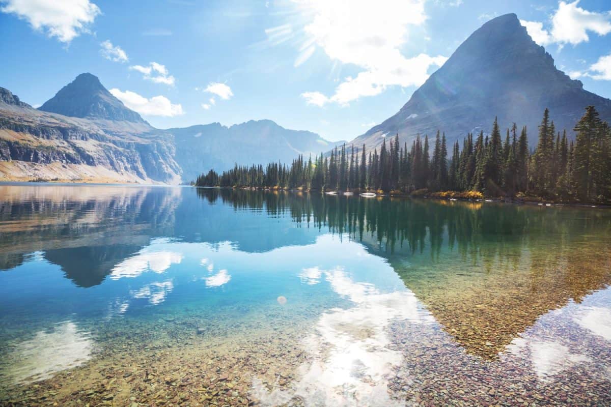 Picturesque rocky peaks of the Glacier National Park, Montana, USA. Beautiful natural landscapes.