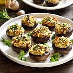 Stuffed mushrooms with cream cheese, bread crumbs and nuts on plate over wooden table. Close up view