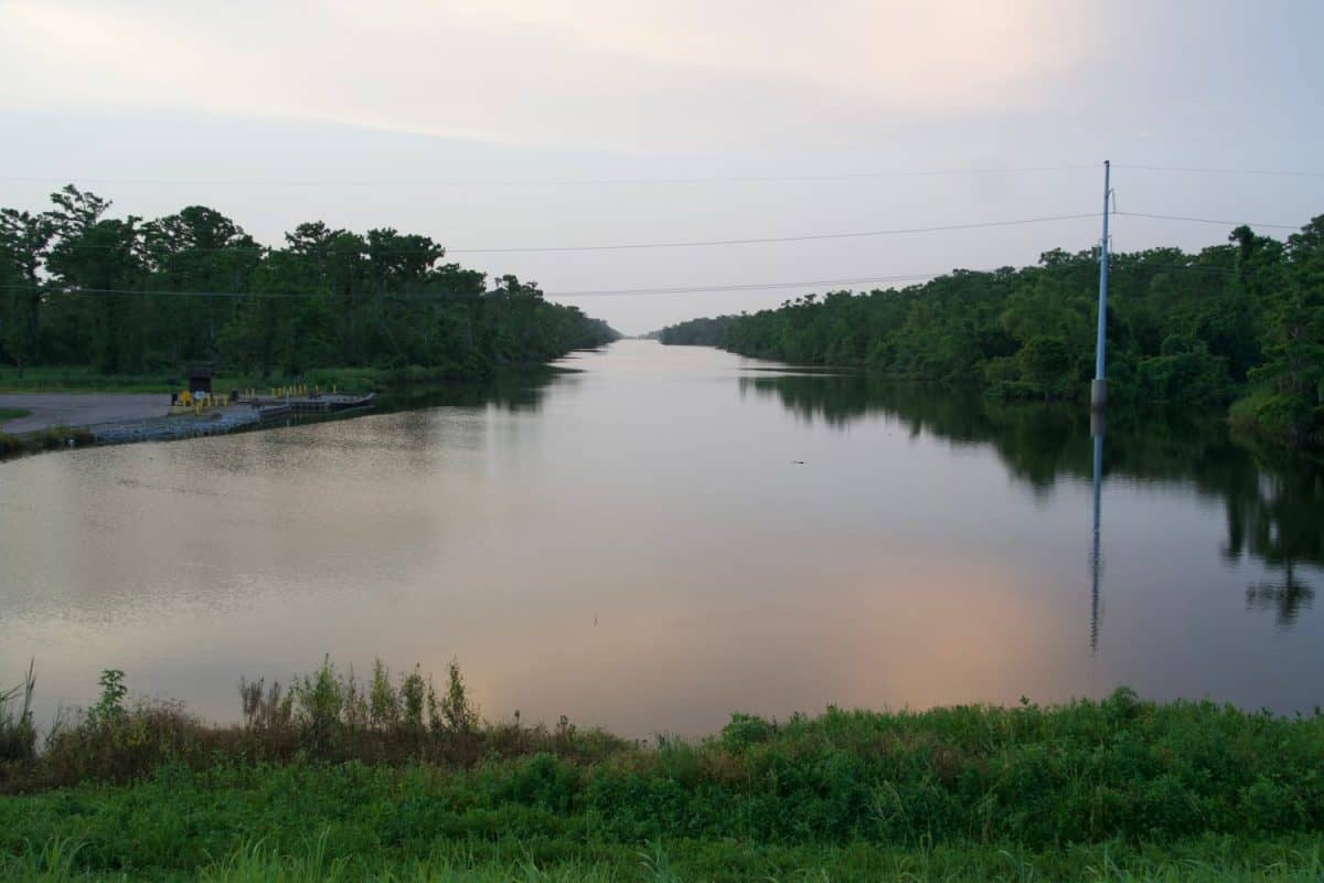 US 61 Bonnet Carré Spillway StCharles Parish Louisiana about 12 miles (19 km) west New Orleans floodwaters from the Mississippi River to flow into Lake Pontchartrain and thence into the Gulf of Mexico