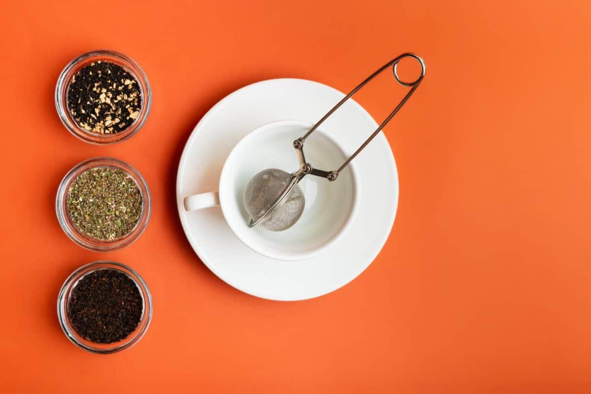 Ceramic white tea cup on round plate with a tea strainer and three different kinds of tea in small glass bowls from above on orange background. Earl grey, green and herb tea.