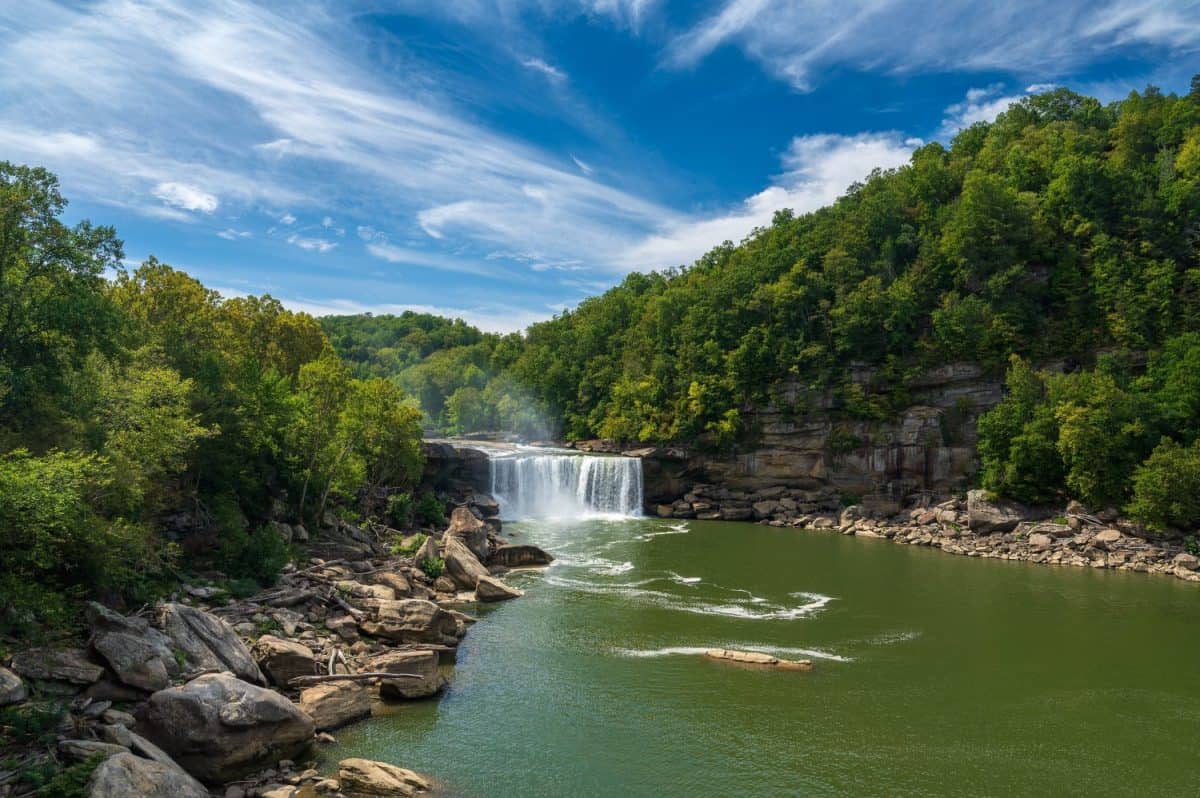 Cumberland Falls with a blue sky with clouds in Corbin, Kentucky, USA