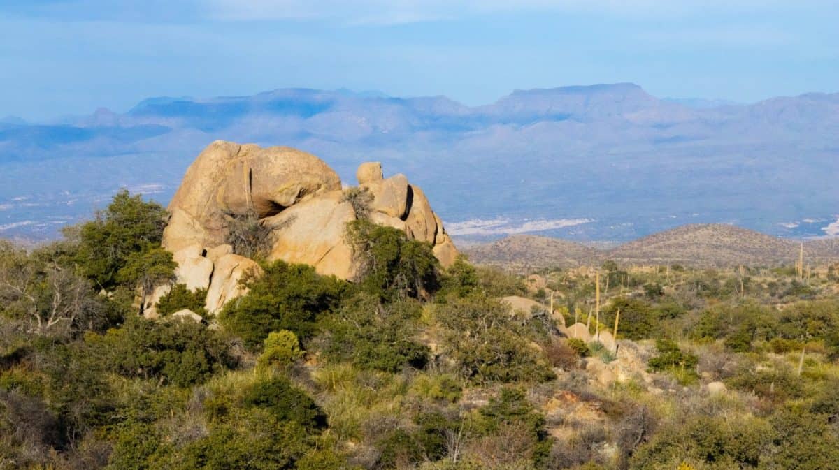 Rocks at Oracle, Arizona, with mountains behind them, in the desert, close to Oro Valley, Tucson, Mammoth, and San Manuel, Pima and Pinal Counties, in fall and autumn of 2023.