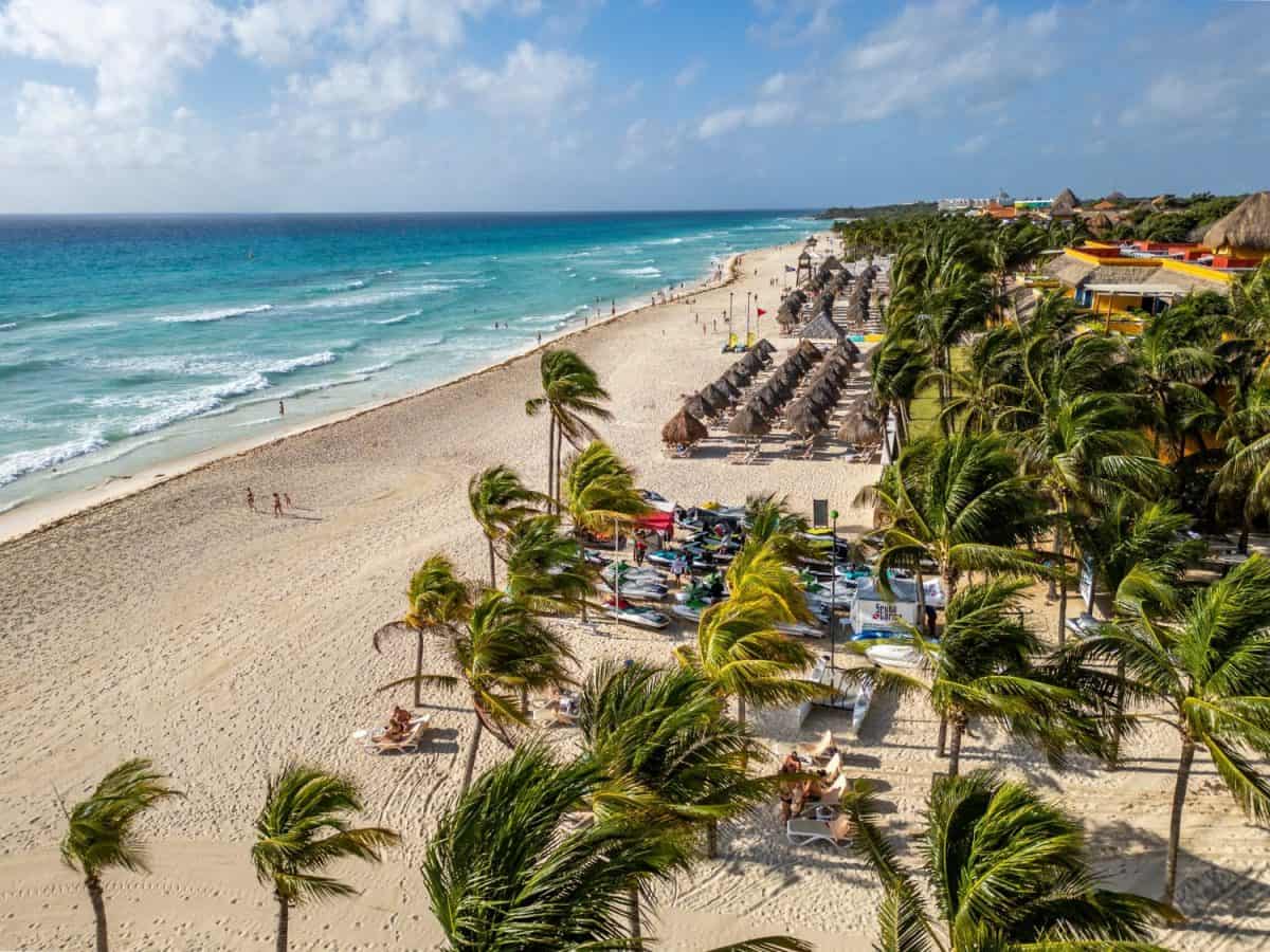 Mexico - Playa del Carmen - Amazing white sandy beach with luxury hotels from aerial view