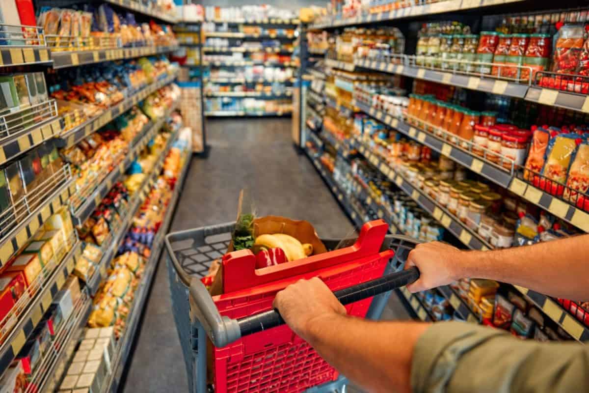 A man with a cart walks between store shelves and buys groceries. Large purchase at the supermarket.