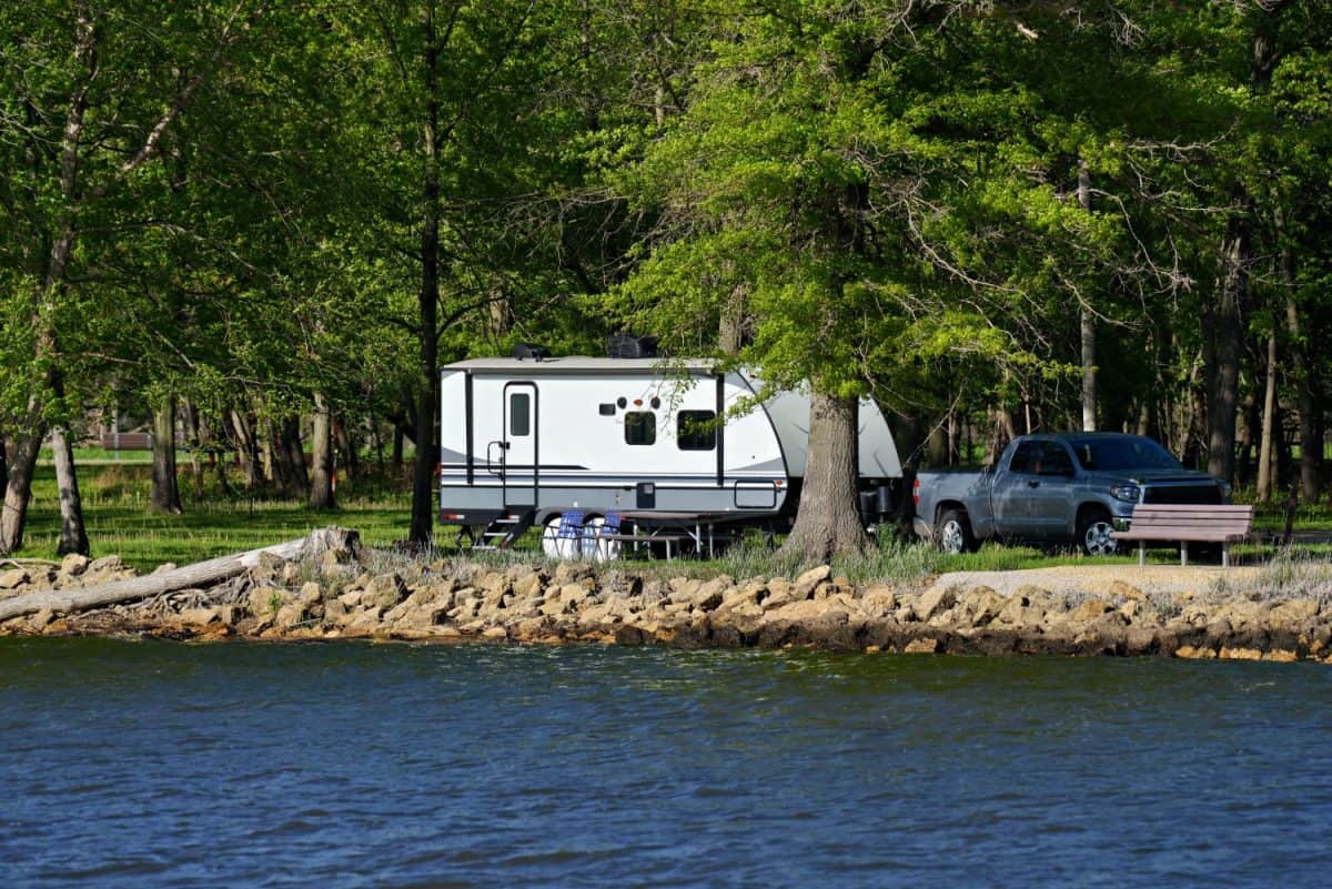 travel trailer camping at Thomson Causeway in the forest by the Mississippi river in Illinois