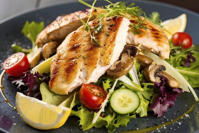 close-up of a vibrant, healthy salad, featuring grilled chicken breasts atop a bed of fresh, colorful vegetabl