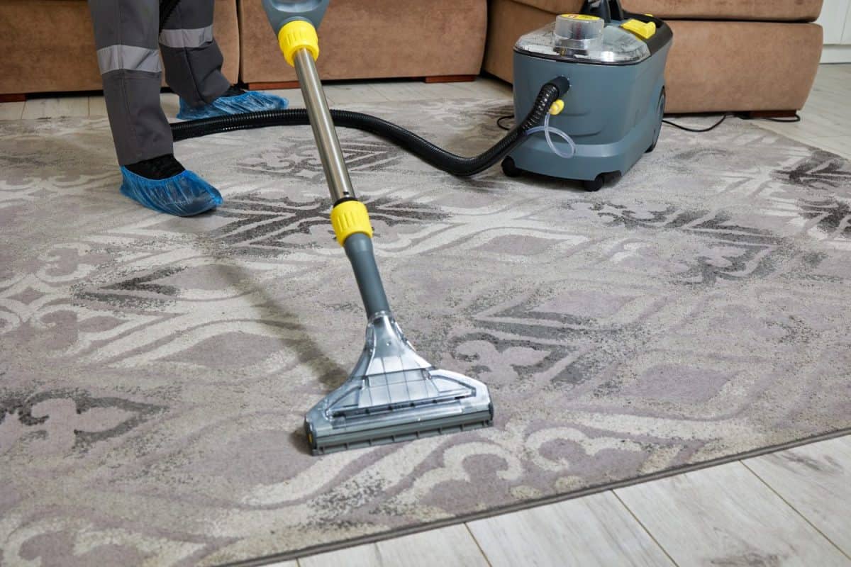 Close-up of carpet cleaning by a professional worker in overalls and shoe covers with a vacuum cleaner in a spacious living room.