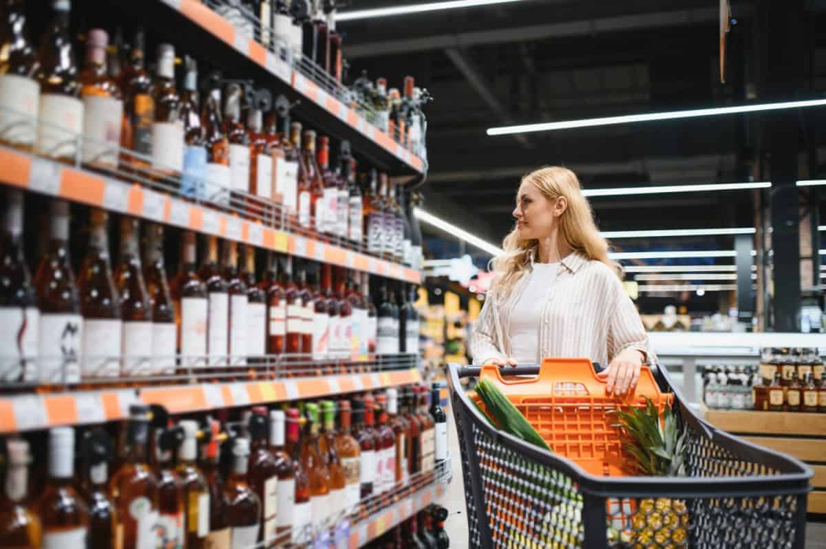 Woman deciding what wine to buy and shopping in supermarket.