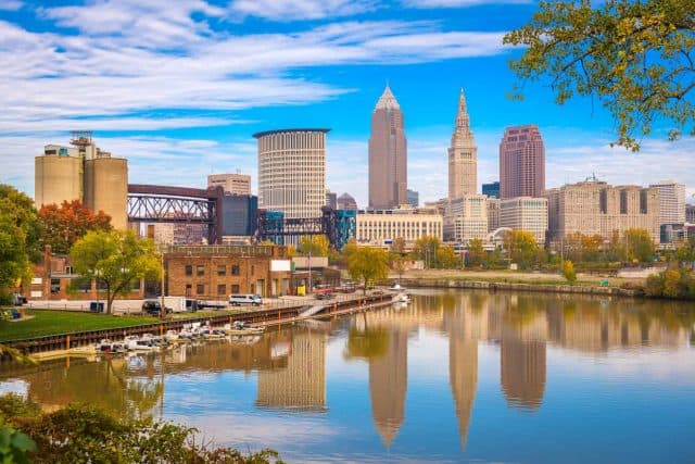 Cleveland, Ohio, USA skyline on the Cuyahoga River.