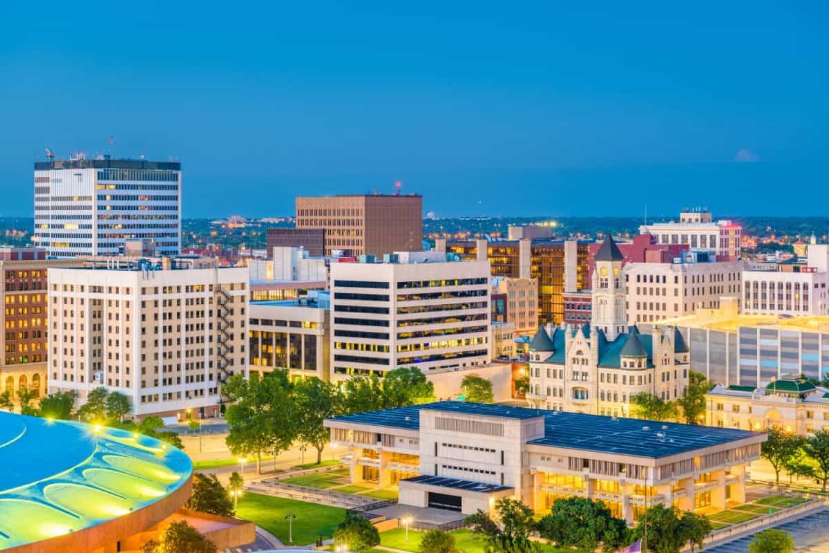 Wichita, Kansas, USA downtown skyline at dusk.