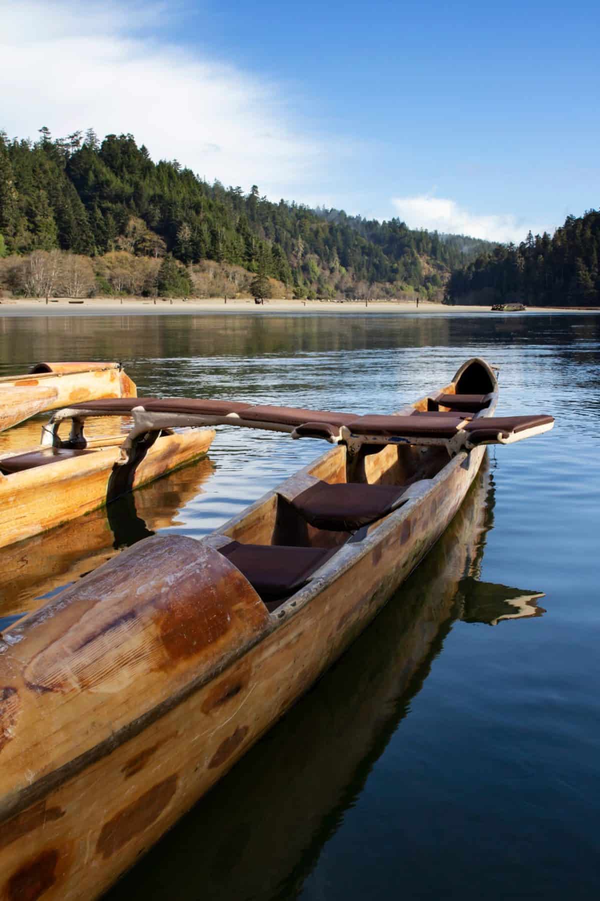 A wooden canoe on Big River in Mendocino, California.