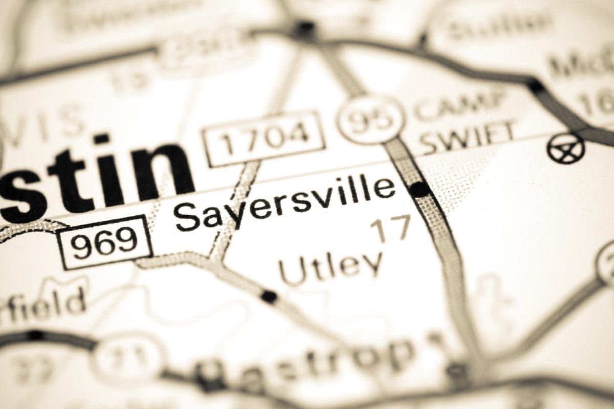 Sayersville. Texas. USA on a map