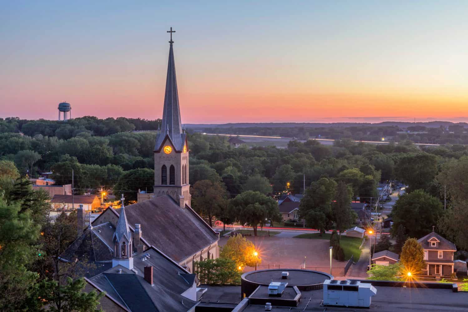 A High Angle Twilight Shot of the Rural Town of Jordan and Lush Minnesota Landscape