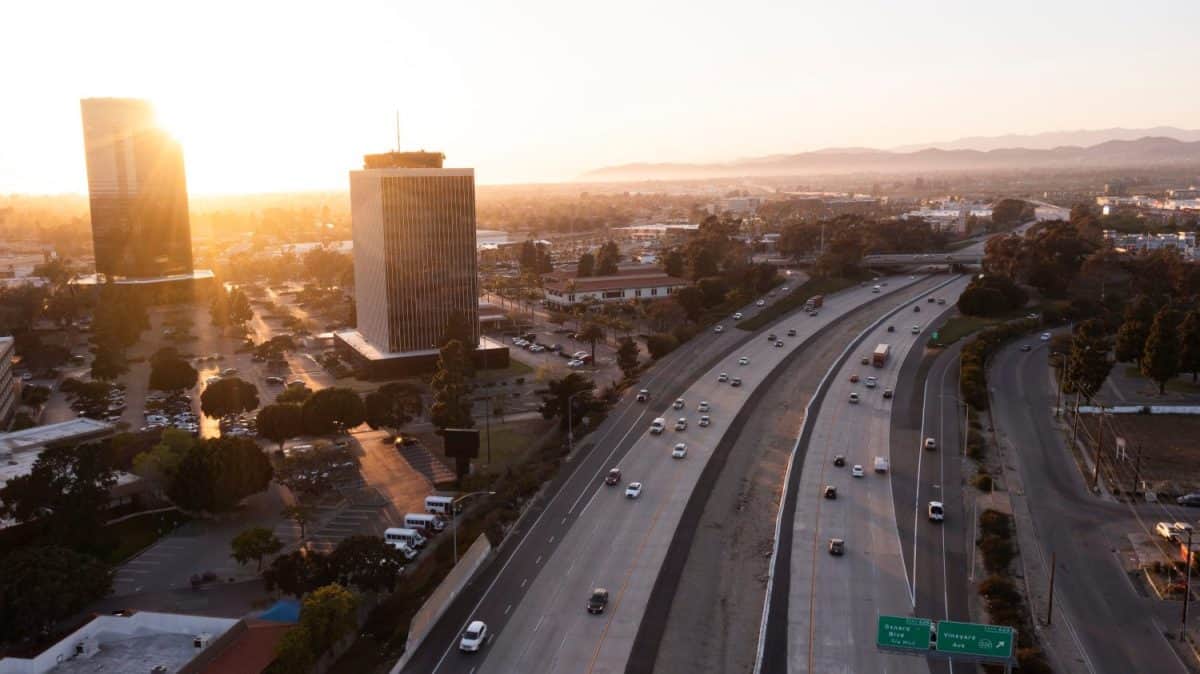 Sunset aerial view of the downtown skyline of Oxnard, California, USA.