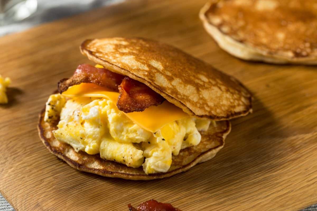 Homemade Pancake Breakfast Egg Sandwich with Bacon