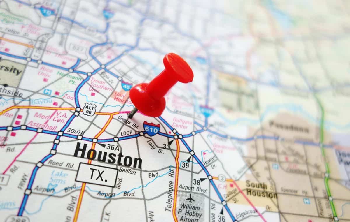 Closeup of a Houston, Texas map with red pin