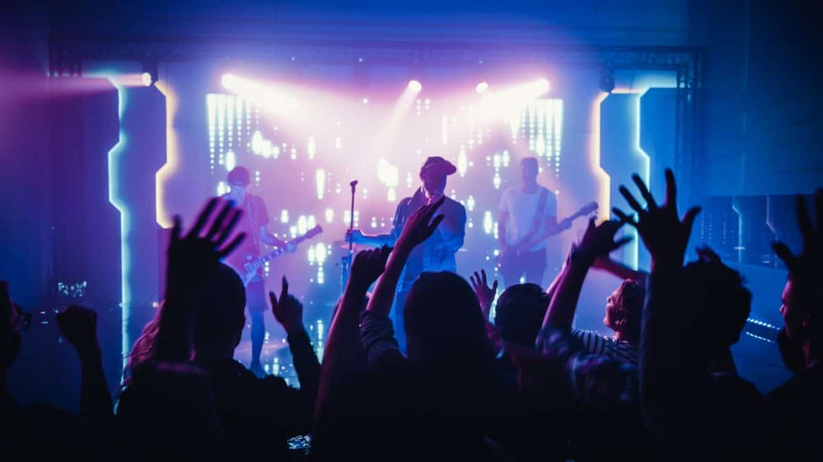 Rock Band with Guitarists and Drummer Performing at a Concert in a Night Club. Front Row Crowd is Partying. Silhouettes of Fans Raise Hands in Front of Bright Colorful Strobing Lights on Stage.