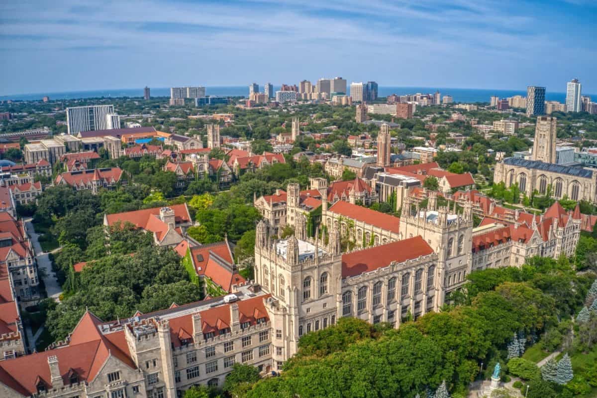 Aerial View of a large University in the Chicago Neighborhood of Hyde Park