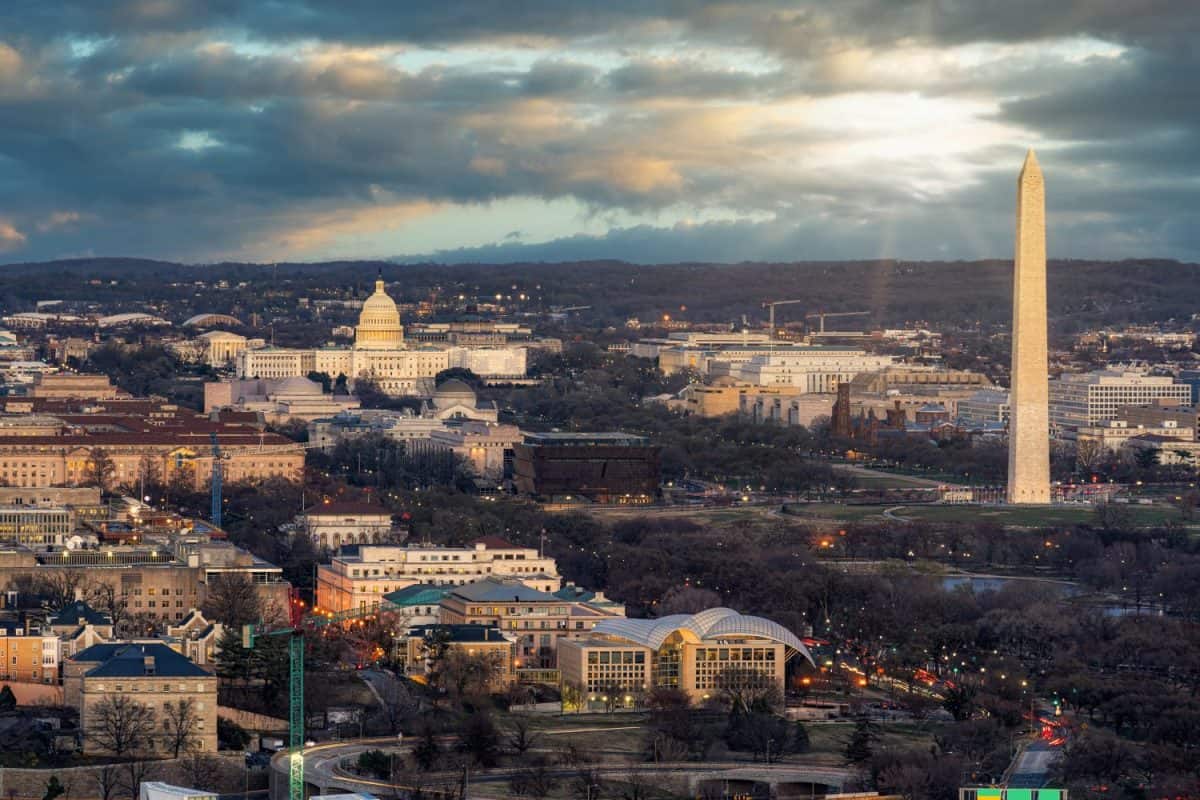 Top view scene of Washington DC down town which can see United states Capitol, washington monument, lincoln memorial and thomas jefferson memorial, history and culture for travel concept