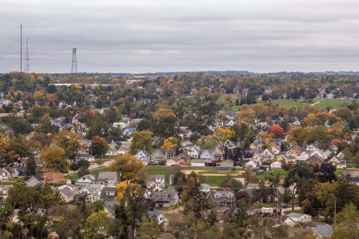 A High Angle View of Fall Colors in Residential Cedar Rapids, Iowa during a Cloudy Fall Day