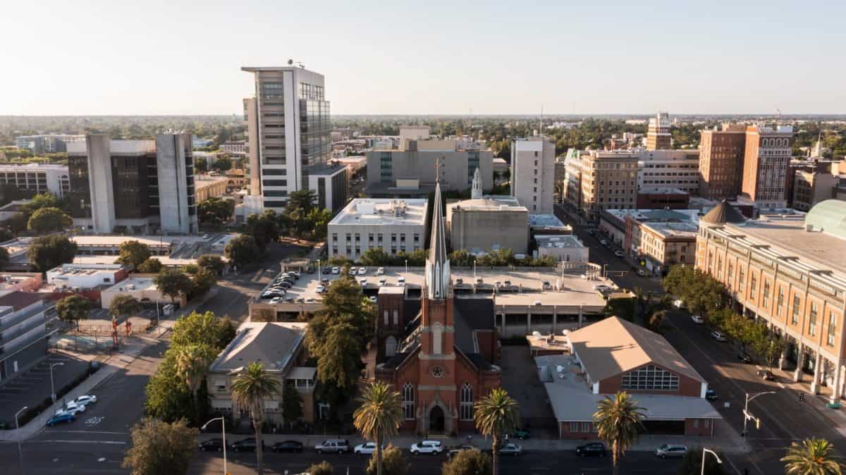 Sunset aerial view of downtown Stockton, California, USA.