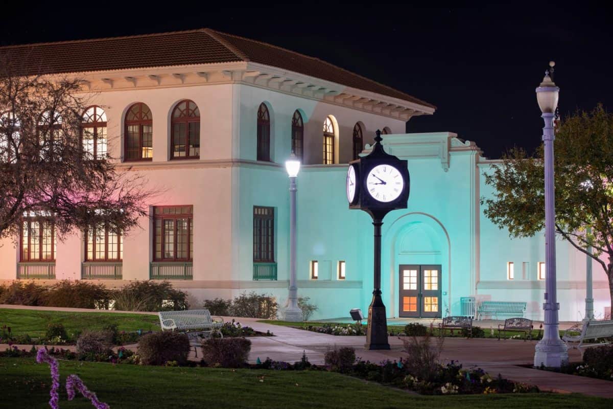 Night time view of the public city hall and plaza civic center of Casa Grande, Arizona, USA.