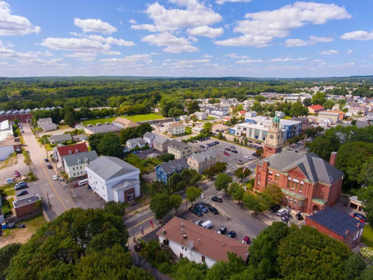 Cumberland Town Hall aerial view at 45 Broad Street in historic town center of Cumberland, Rhode Island RI, USA.