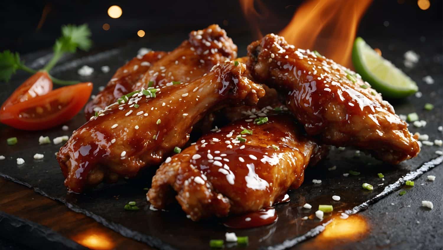 Create an 8K ultra-realistic photograph featuring barbecue chicken wings with white sesame. Capture the glistening caramelized sauce on the wings, with sesame seeds adding texture and contrast.