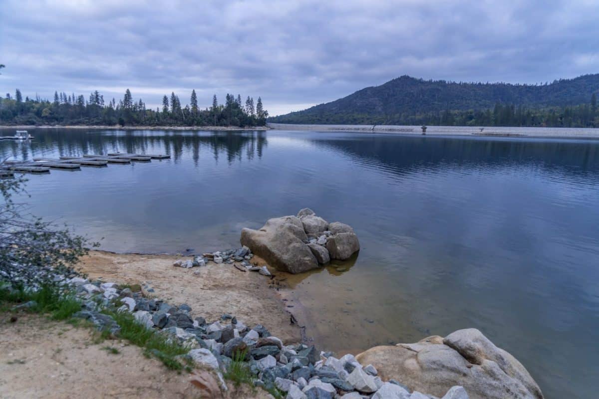 Landscape of Bass Lake ,popular destination for water skiing in California, United States