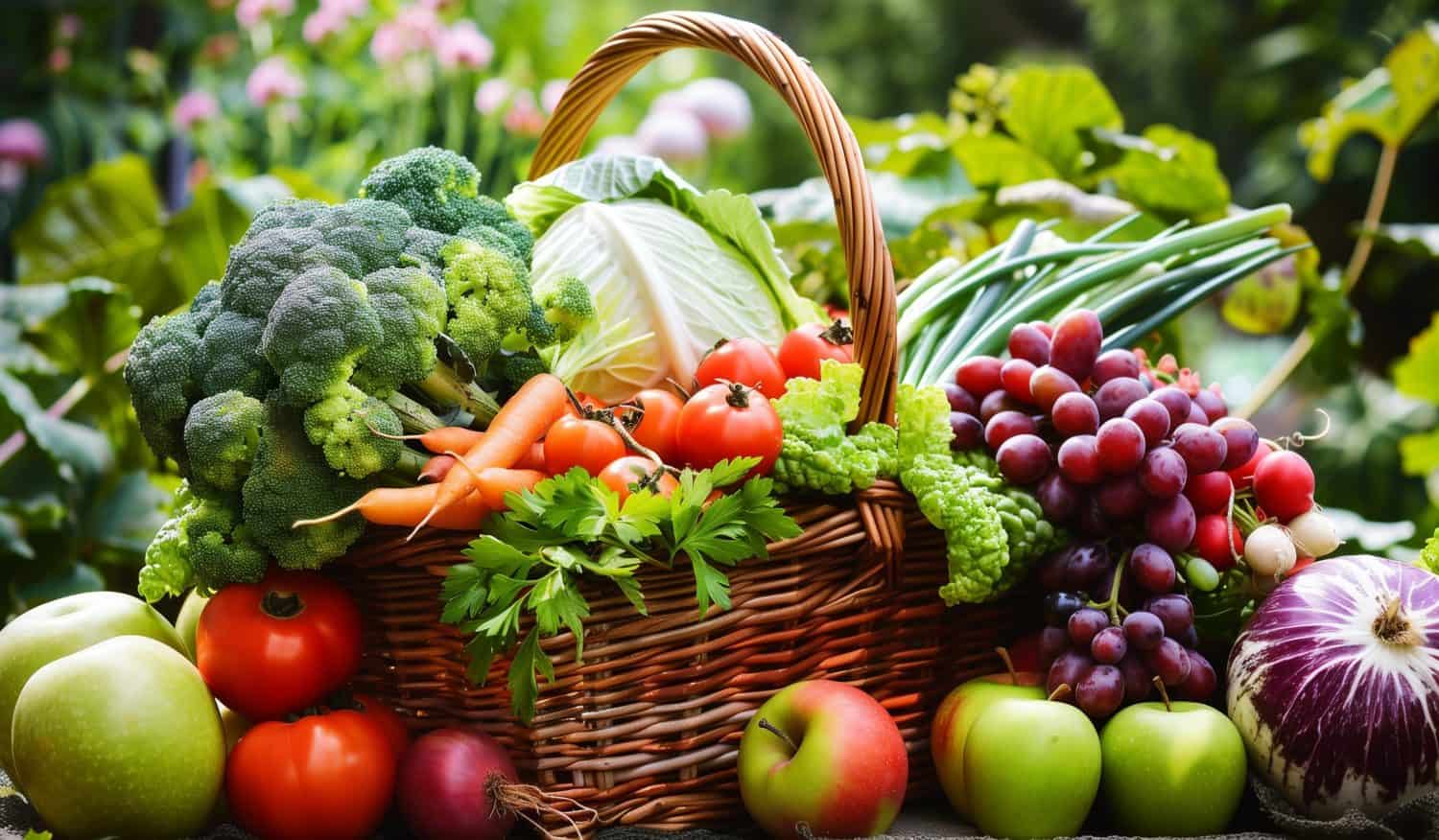 A wicker basket filled with fresh vegetables and fruits, including broccoli, carrots, tomatoes, lettuce, grapes, apples, onions, and cabbage, arranged in a lush outdoor garden setting.