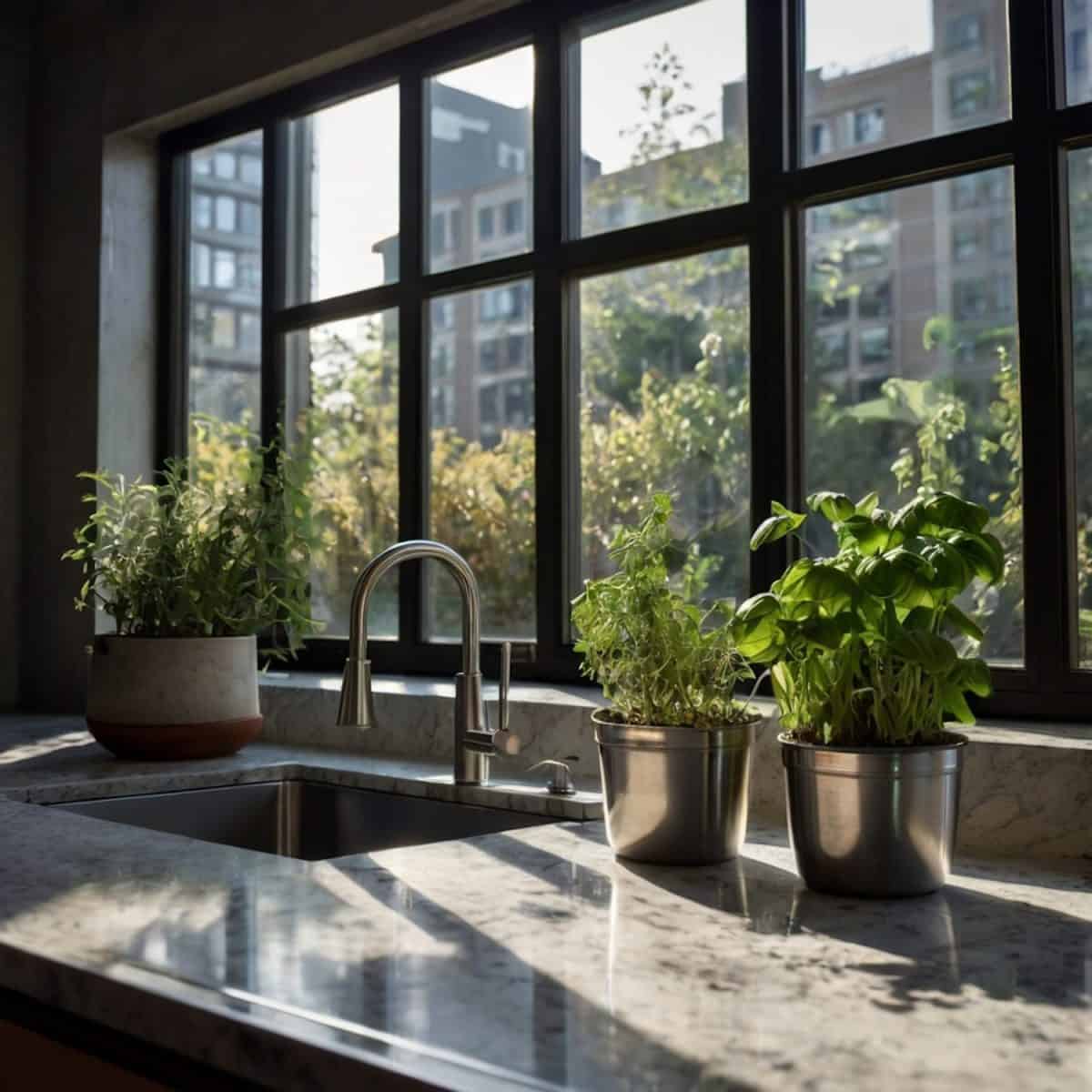 Herb garden on a sunny windowsill in a modern kitchen with warm ambiance.