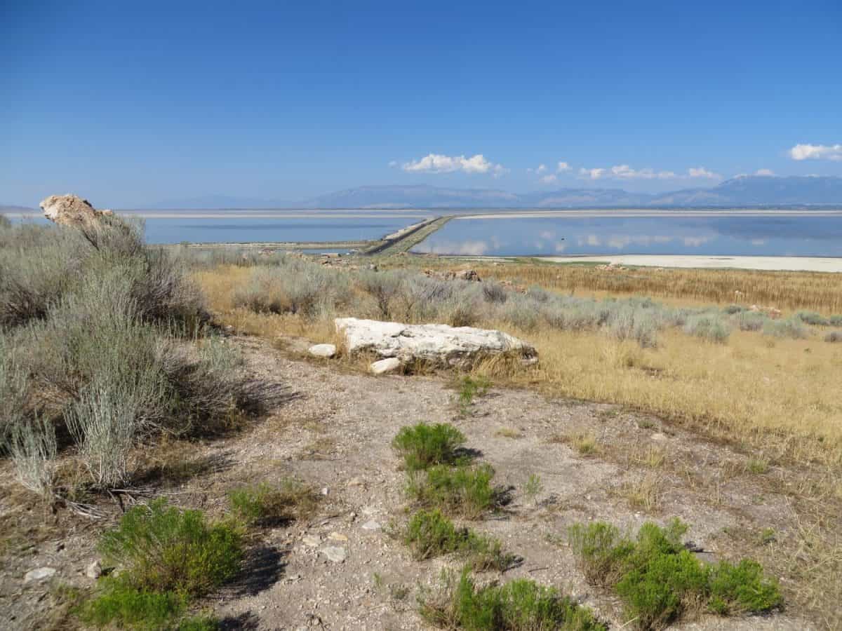 Overlooking Davis County Causeway, Road to Antelope Island State Park, Utah, USA