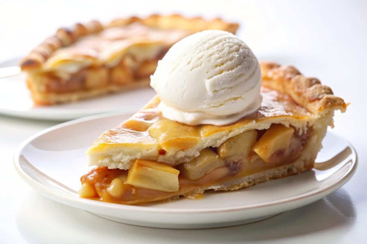 A slice of American apple pie with a scoop of vanilla ice cream isolated on white background