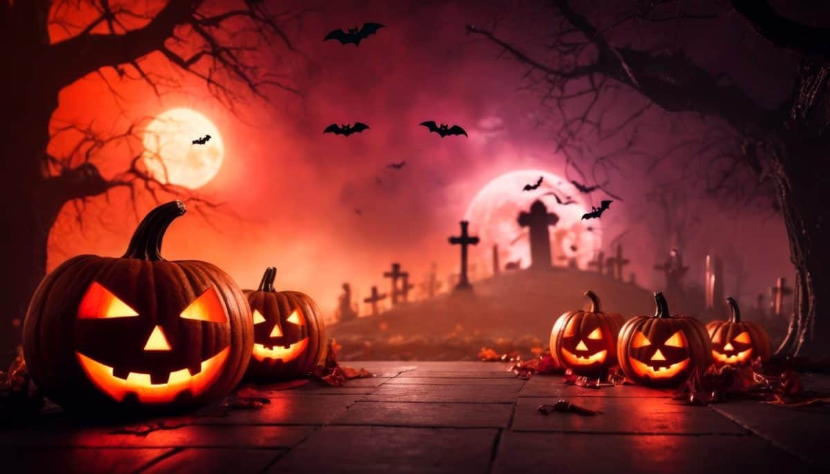 Haunted background with illustrations of pumpkins, a cemetery and bats in the middle of a full moon. Premium illustration for banners, posters, greetings and Halloween celebrations.