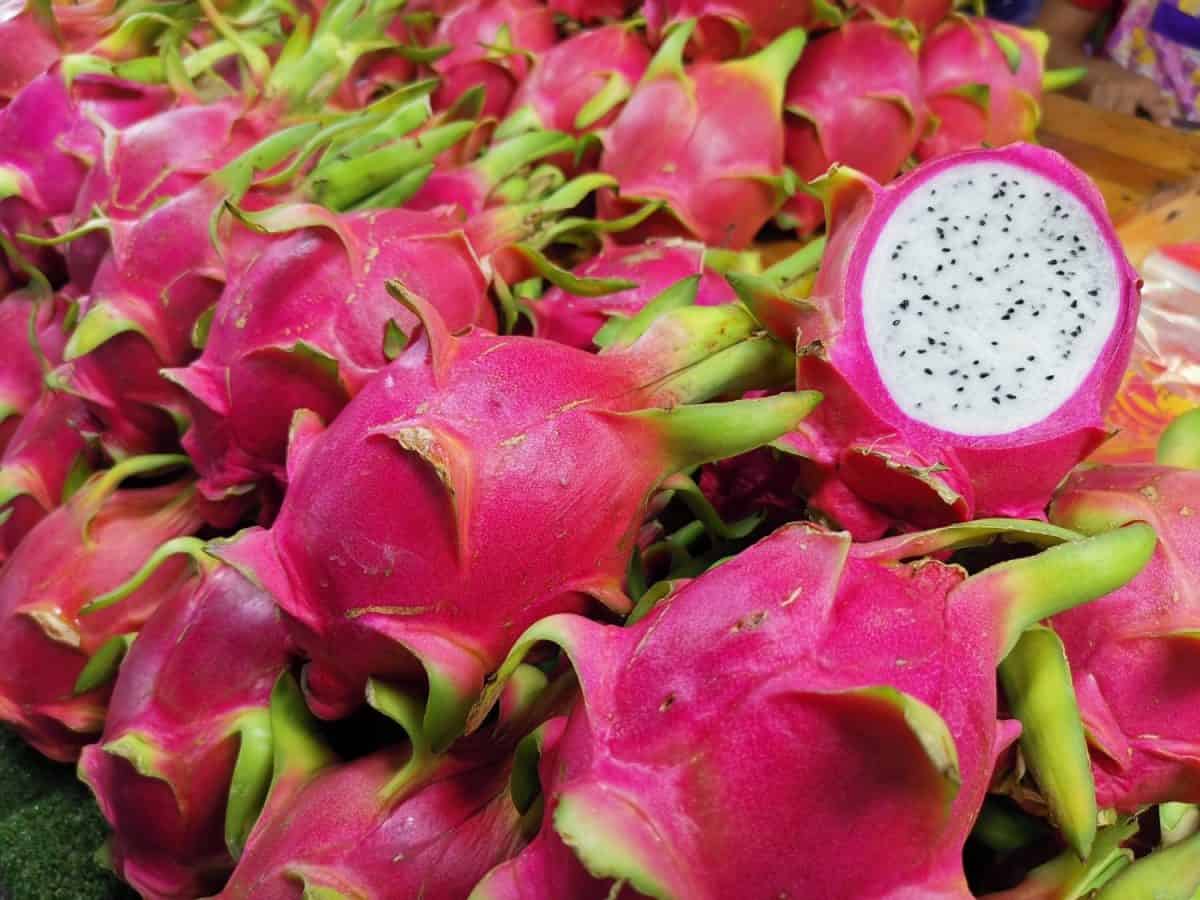 These fruits are three names, Dragon fruit, Pitaya and Strawberry pear.