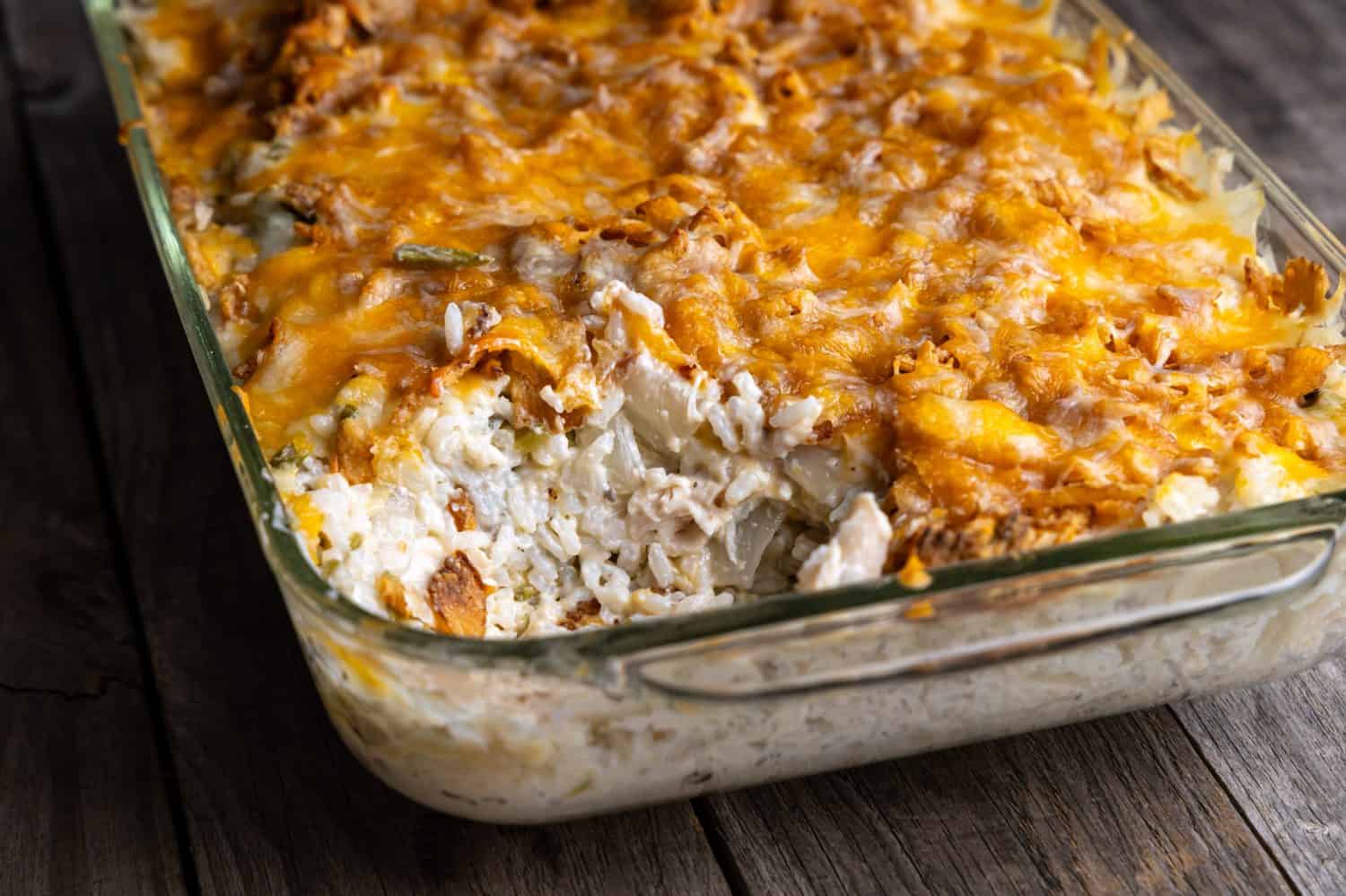 Easy baked chicken, rice, cheese, and green bean casserole recipe